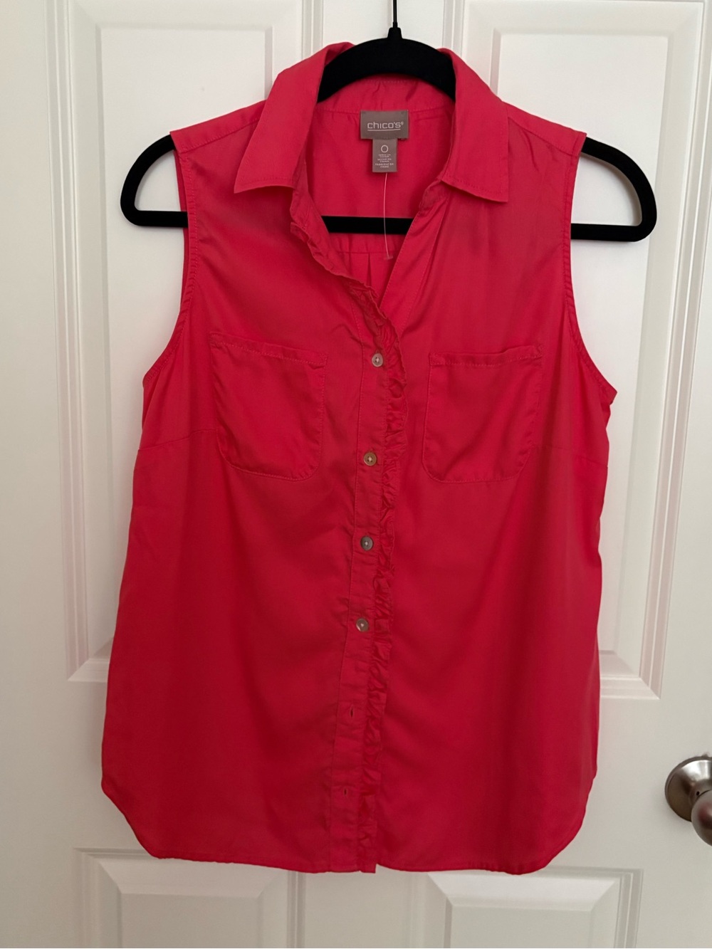 Chico's Hot Coral Sleeveless Ruffle-Trim Button Front Top
